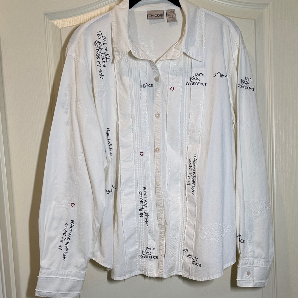 CHICO'S White Vintage Embroidered Inspirational White Shirt SZ 3